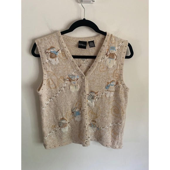 Erika Sweaters - Erika Vintage Snowman Embroidered Beaded Sweater Vest Beige Womens Large Holiday